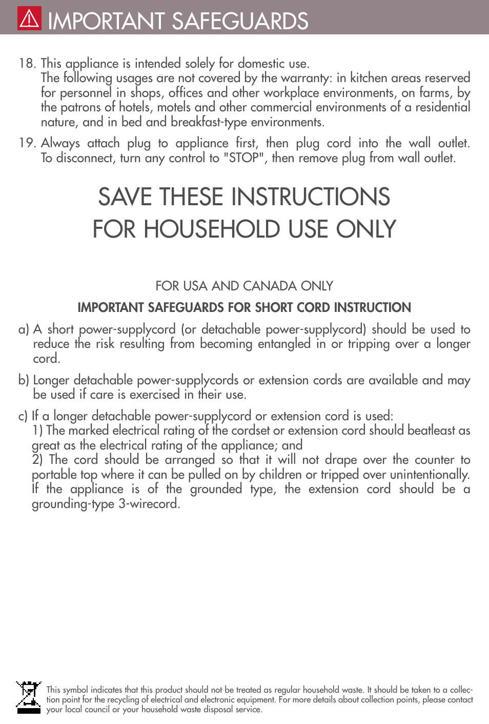 Save these instructions for household use only, Important safeguards | Magimix VISION TOASTER User Manual | Page 11 / 16