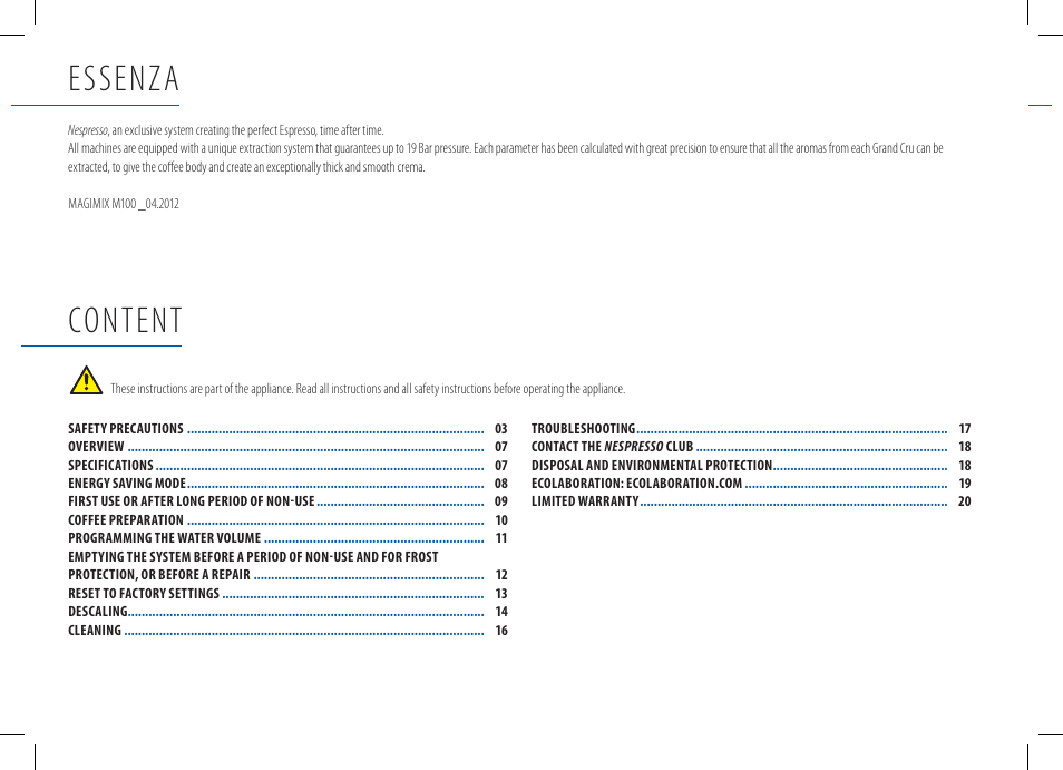 Content, Essenza | Magimix M100 AUTOMATIC User Manual | Page 2 / 48
