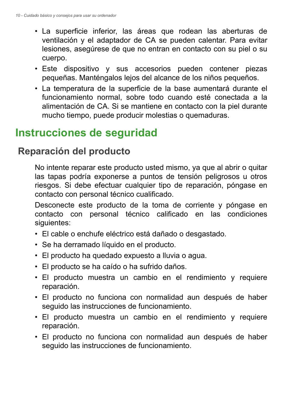 Instrucciones de seguridad, Reparación del producto | Acer Aspire Series (Información reglamentaria y guía de seguridad) User Manual | Page 10 / 31