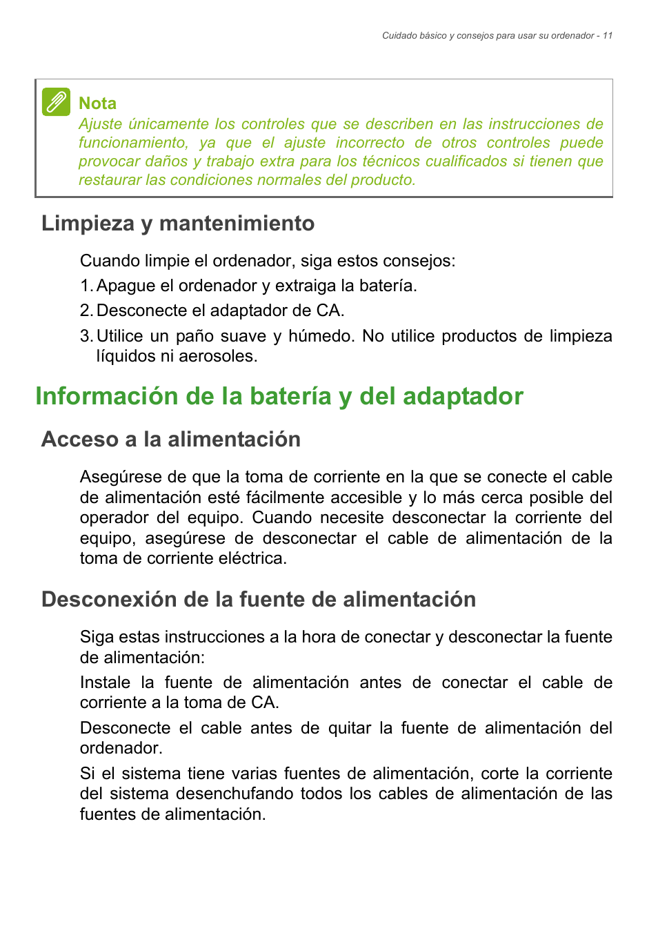 Limpieza y mantenimiento, Información de la batería y del adaptador, Acceso a la alimentación | Desconexión de la fuente de alimentación, Alimentación | Acer Aspire Series (Información reglamentaria y guía de seguridad) User Manual | Page 11 / 31