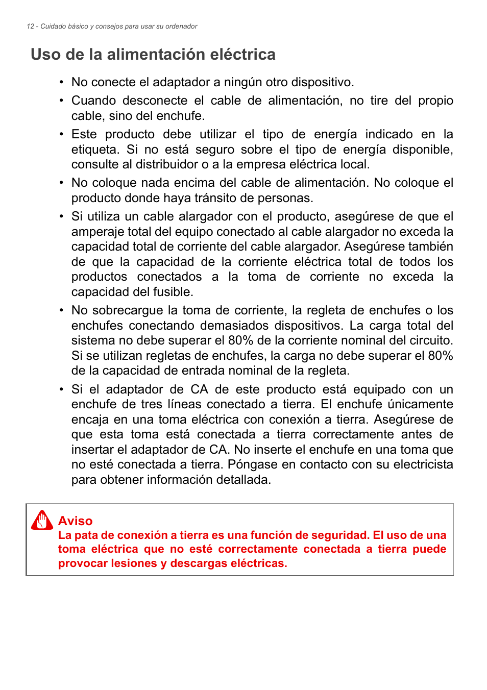 Uso de la alimentación eléctrica | Acer Aspire Series (Información reglamentaria y guía de seguridad) User Manual | Page 12 / 31