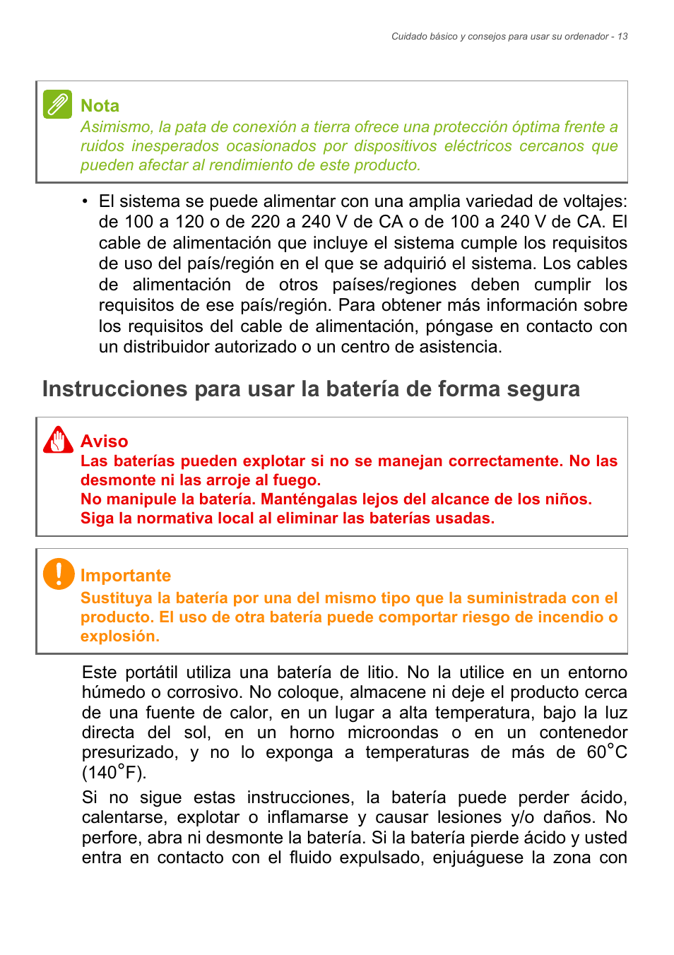 Instrucciones para usar la batería de forma segura | Acer Aspire Series (Información reglamentaria y guía de seguridad) User Manual | Page 13 / 31