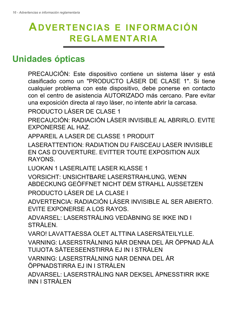 Advertencias e información reglamentaria, Unidades ópticas | Acer Aspire Series (Información reglamentaria y guía de seguridad) User Manual | Page 16 / 31