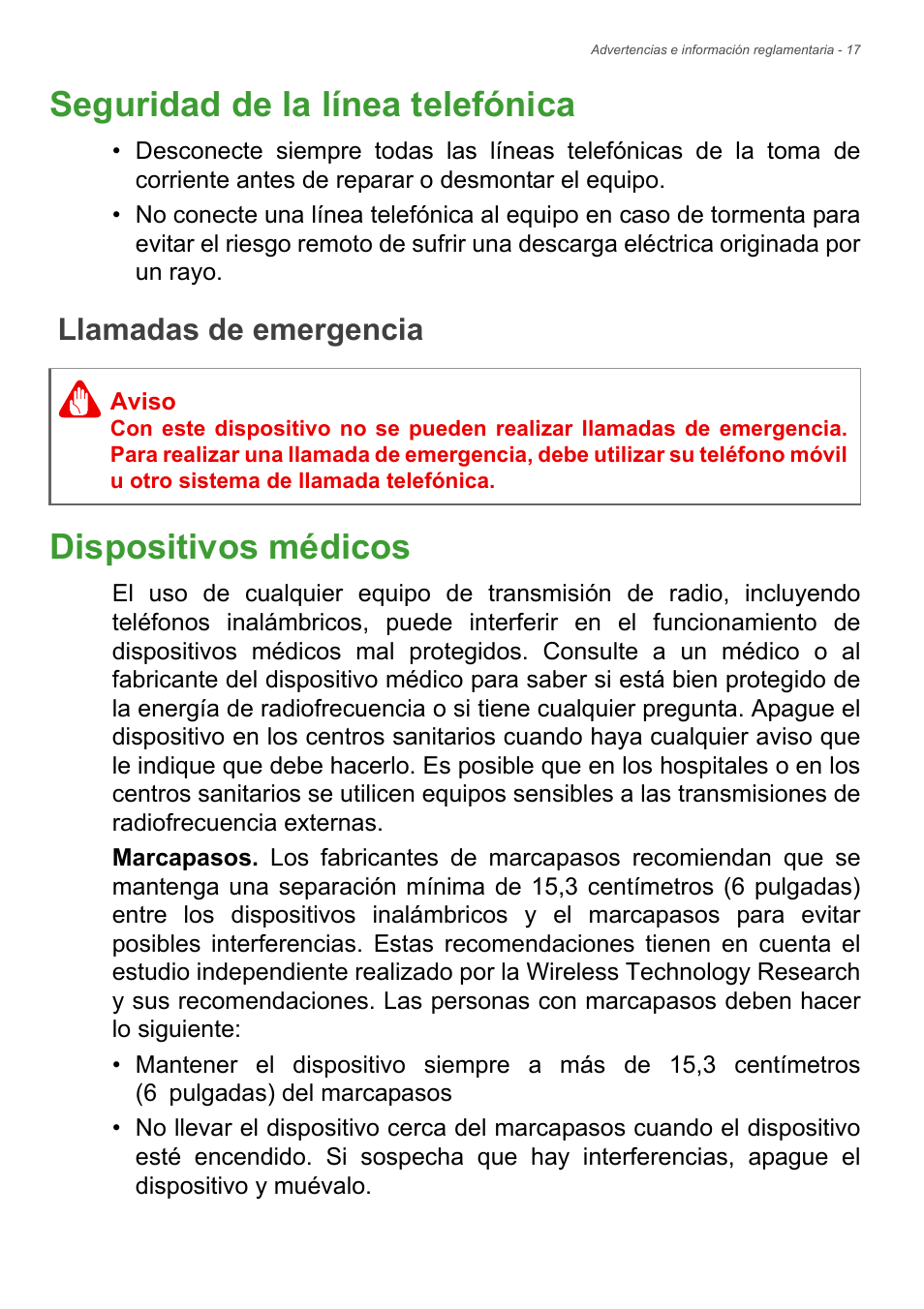 Seguridad de la línea telefónica, Llamadas de emergencia, Dispositivos médicos | Acer Aspire Series (Información reglamentaria y guía de seguridad) User Manual | Page 17 / 31