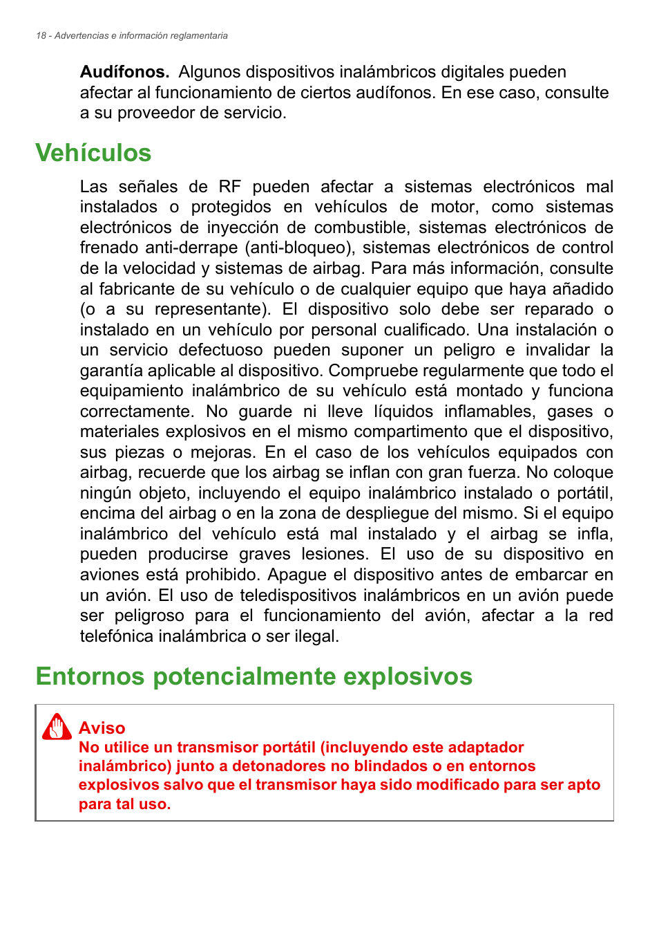 Vehículos, Entornos potencialmente explosivos, Vehículos entornos potencialmente explosivos | Acer Aspire Series (Información reglamentaria y guía de seguridad) User Manual | Page 18 / 31