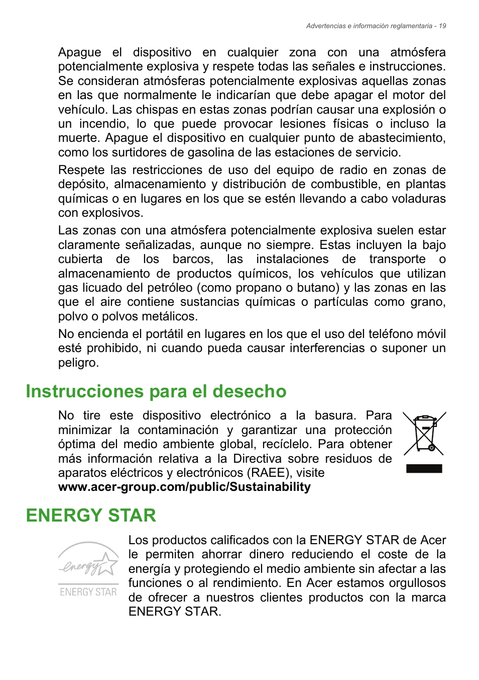 Instrucciones para el desecho, Energy star, Instrucciones para el desecho energy star | Acer Aspire Series (Información reglamentaria y guía de seguridad) User Manual | Page 19 / 31