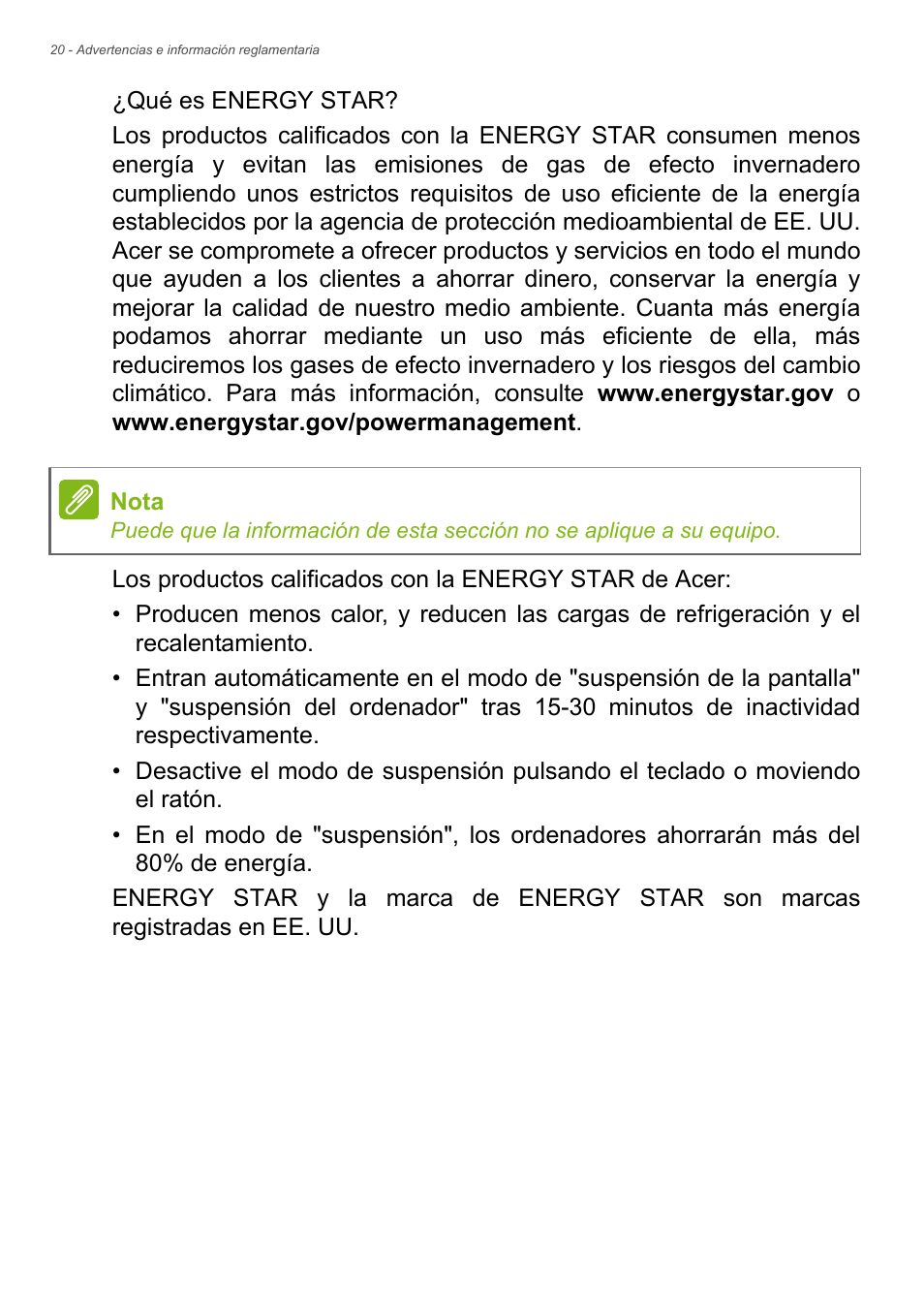 Acer Aspire Series (Información reglamentaria y guía de seguridad) User Manual | Page 20 / 31