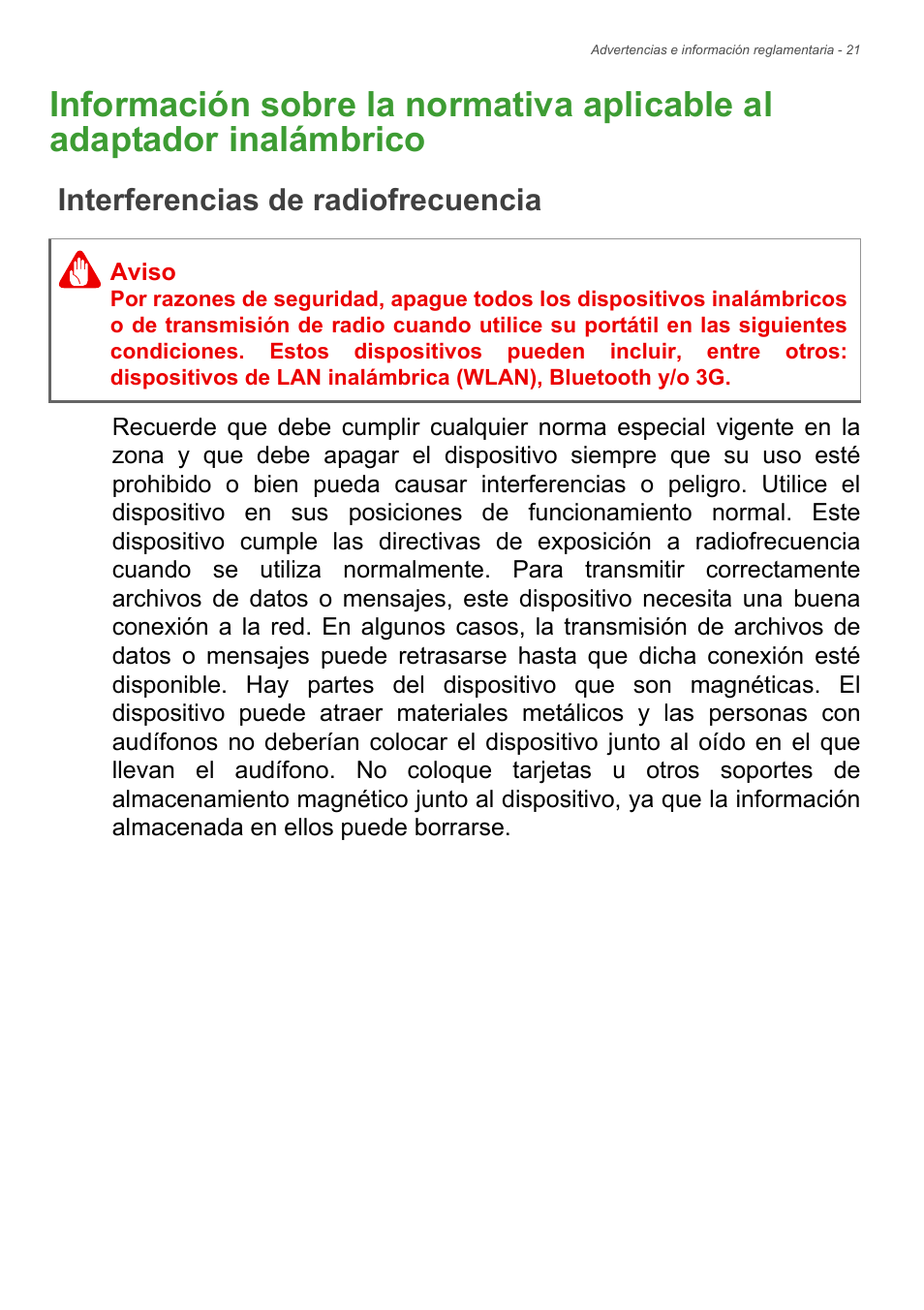 Interferencias de radiofrecuencia, Información sobre la normativa, Aplicable al adaptador inalámbrico | Acer Aspire Series (Información reglamentaria y guía de seguridad) User Manual | Page 21 / 31
