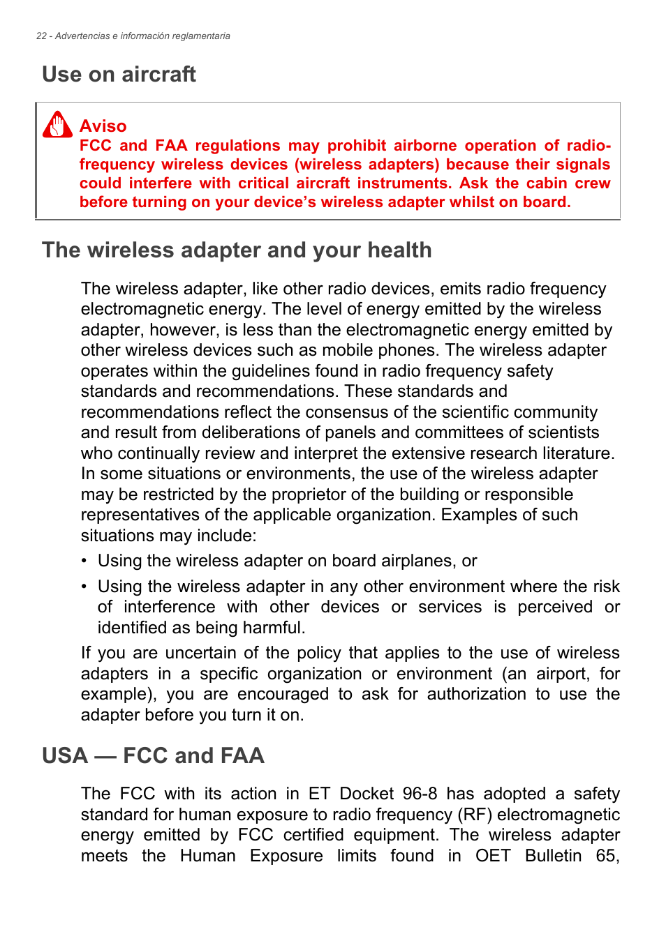 Use on aircraft, The wireless adapter and your health, Usa — fcc and faa | Acer Aspire Series (Información reglamentaria y guía de seguridad) User Manual | Page 22 / 31