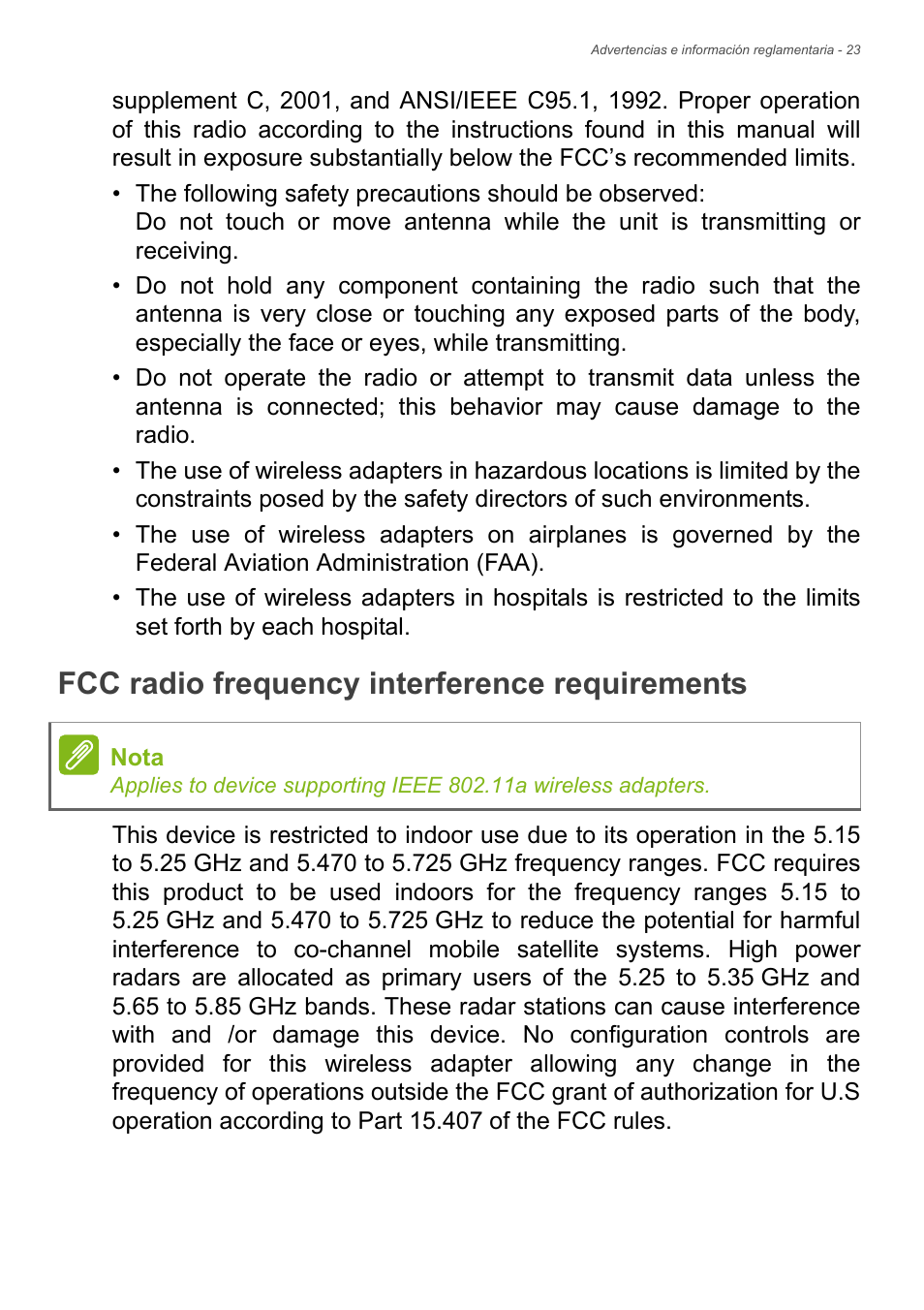 Fcc radio frequency interference requirements | Acer Aspire Series (Información reglamentaria y guía de seguridad) User Manual | Page 23 / 31