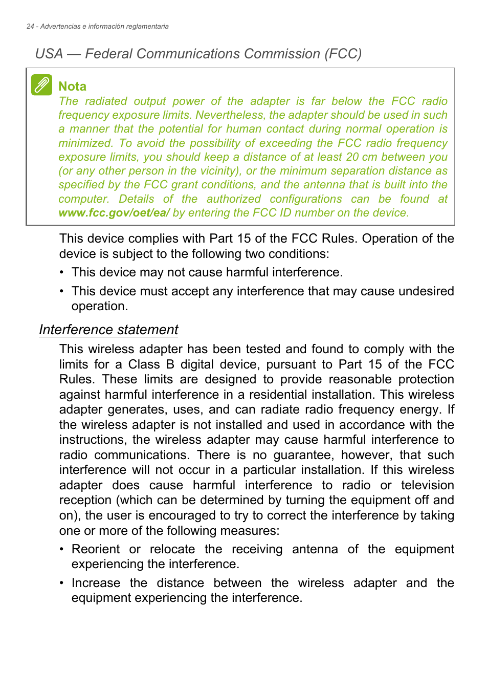 Usa — federal communications commission (fcc), Interference statement | Acer Aspire Series (Información reglamentaria y guía de seguridad) User Manual | Page 24 / 31
