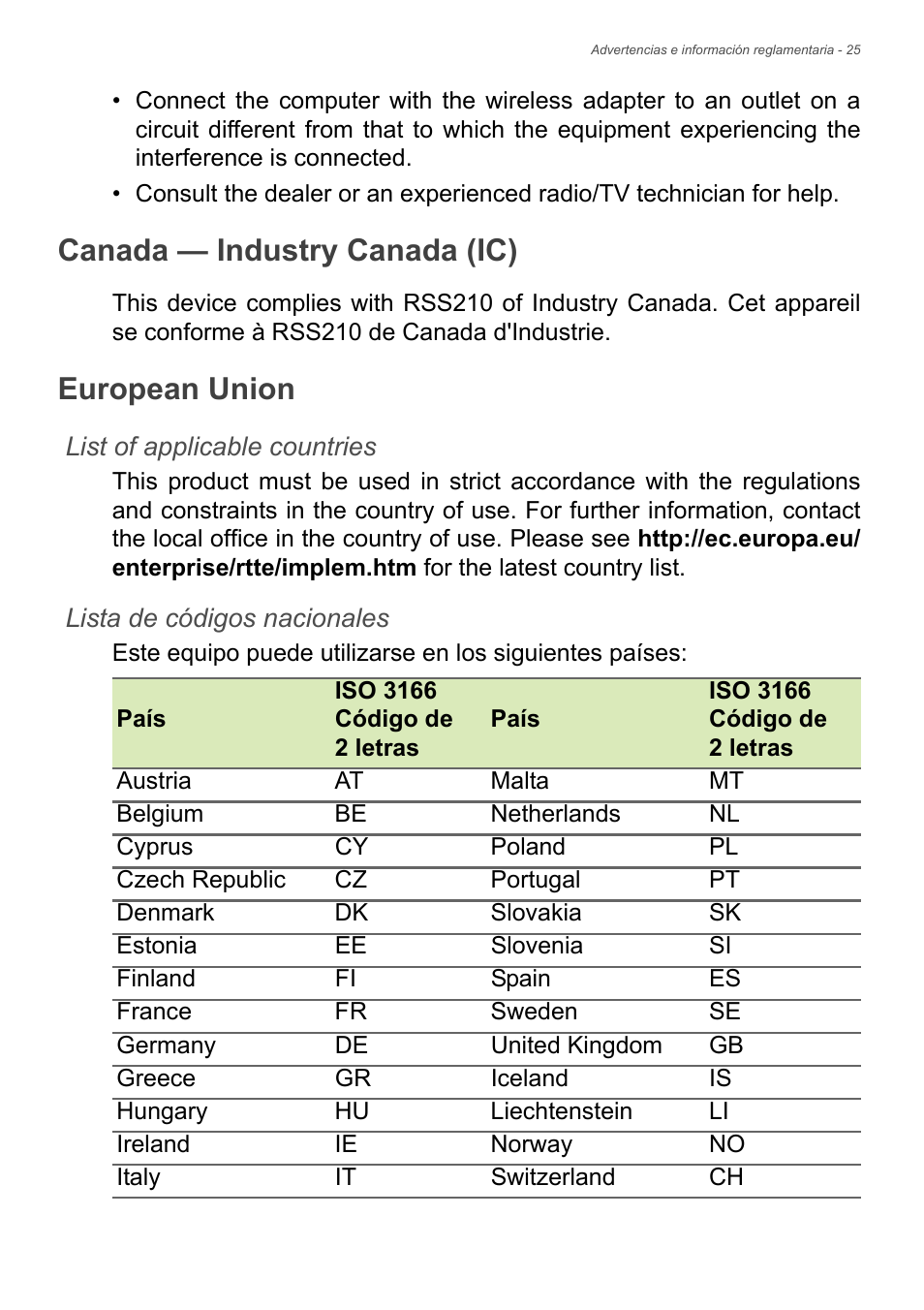 Canada — industry canada (ic), European union, Canada — industry canada (ic) european union | Acer Aspire Series (Información reglamentaria y guía de seguridad) User Manual | Page 25 / 31