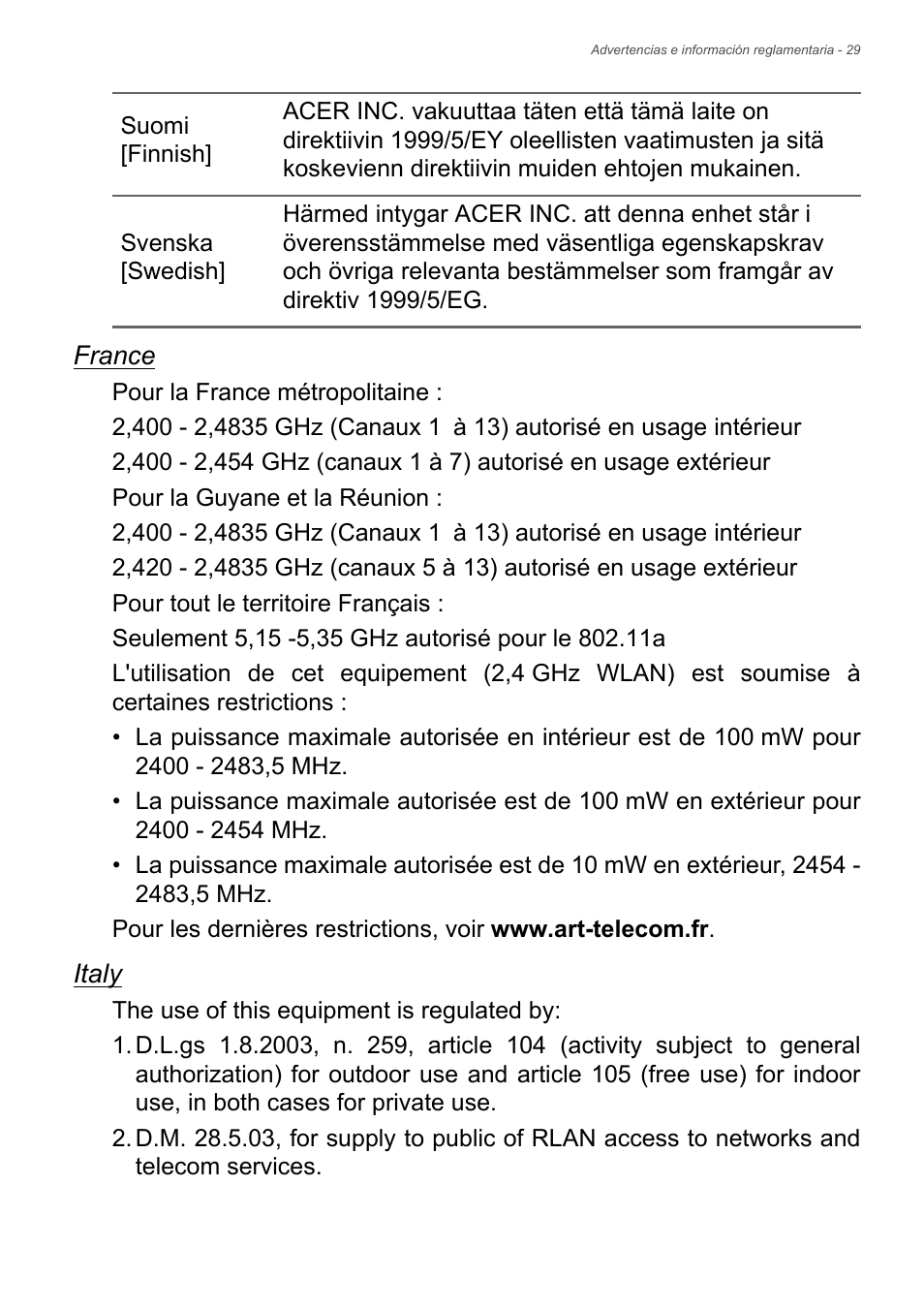 Acer Aspire Series (Información reglamentaria y guía de seguridad) User Manual | Page 29 / 31