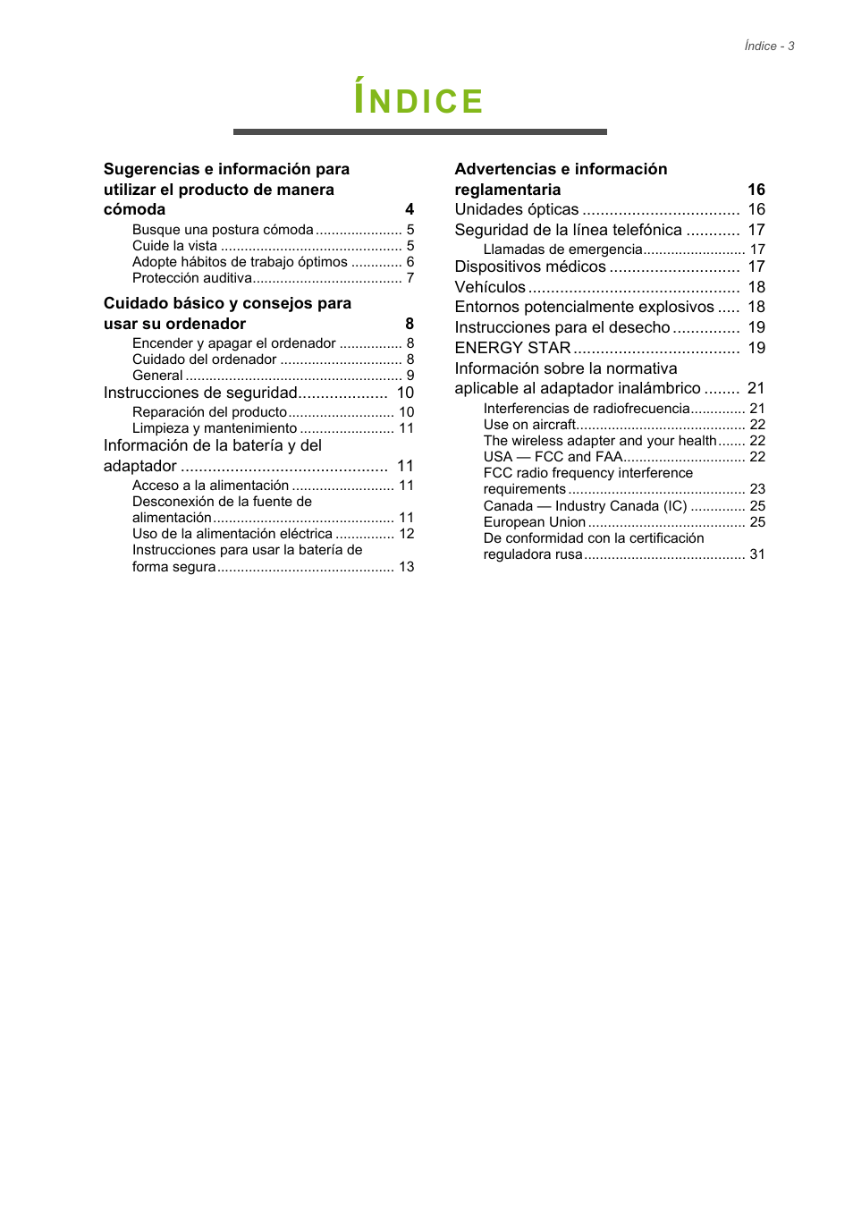 Ndice | Acer Aspire Series (Información reglamentaria y guía de seguridad) User Manual | Page 3 / 31