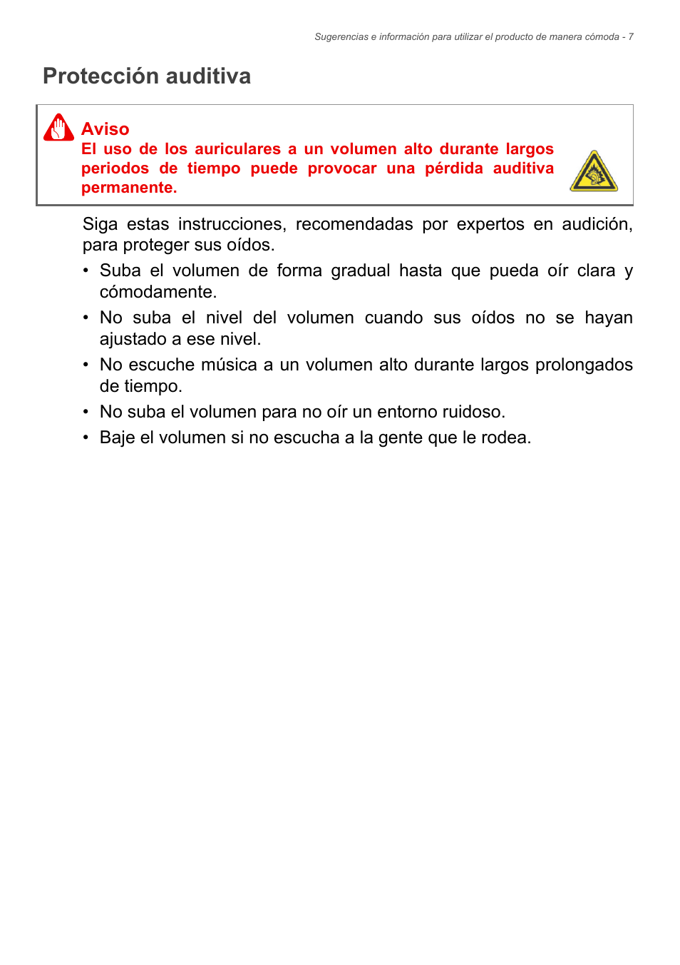 Protección auditiva | Acer Aspire Series (Información reglamentaria y guía de seguridad) User Manual | Page 7 / 31