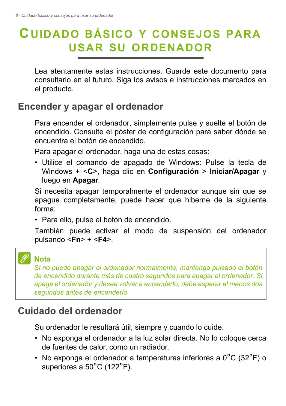 Cuidado básico y consejos para usar su ordenador, Encender y apagar el ordenador, Cuidado del ordenador | Cuidado básico y consejos para, Usar su ordenador, Uidado, Básico, Consejos, Para, Usar | Acer Aspire Series (Información reglamentaria y guía de seguridad) User Manual | Page 8 / 31