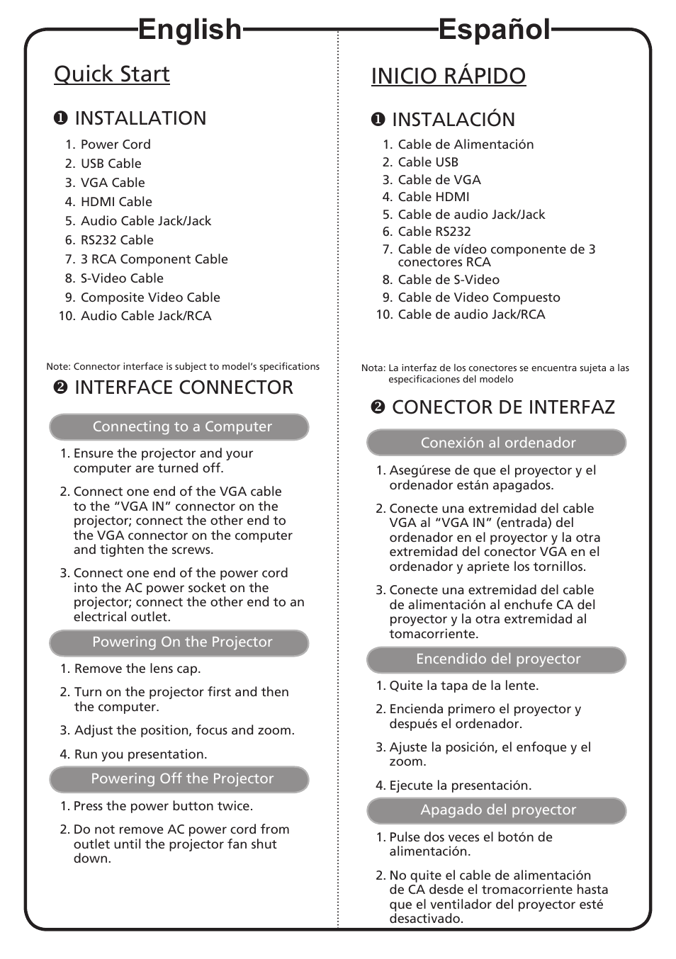 Español, English, Inicio rápido | Quick start, Instalación, Conector de interfaz, Installation, Interface connector | Acer H7530 User Manual | Page 2 / 2