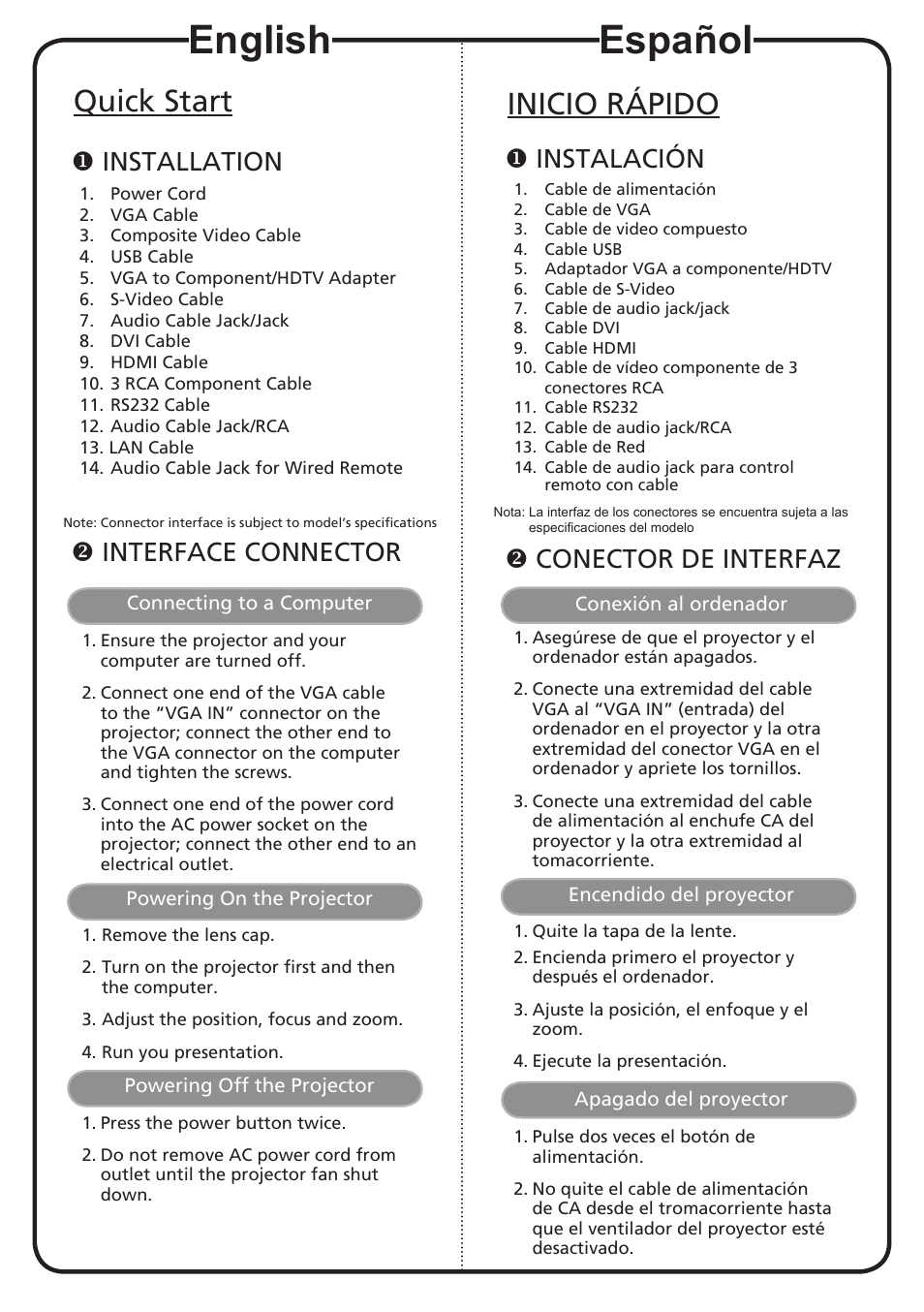 Español, English, Inicio rápido | Quick start, Instalación, Conector de interfaz, Installation, Interface connector | Acer P5281 User Manual | Page 2 / 2