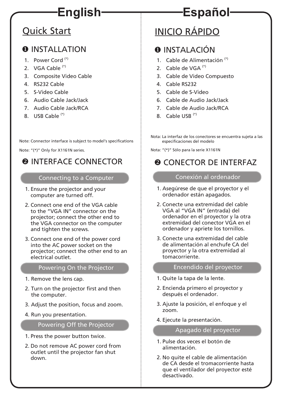 Español, English, Inicio rápido | Quick start, Instalación, Conector de interfaz, Installation, Interface connector | Acer X110P User Manual | Page 2 / 2