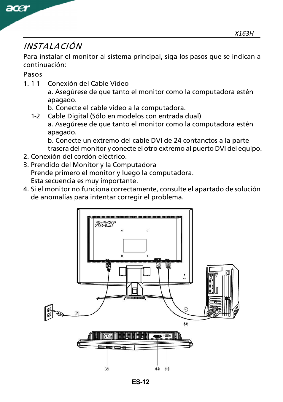 Instalación | Acer X163H User Manual | Page 13 / 22