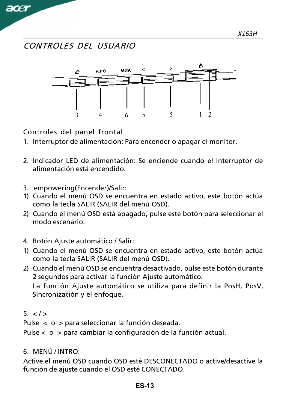 Controles del usuario | Acer X163H User Manual | Page 14 / 22