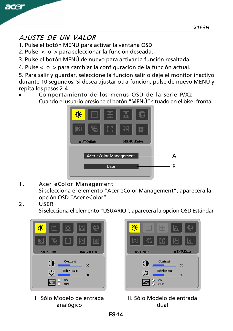 Ajuste de un valor | Acer X163H User Manual | Page 15 / 22