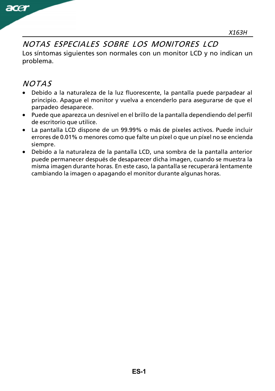 Notas especiales sobre los monitores lcd, Notas | Acer X163H User Manual | Page 2 / 22