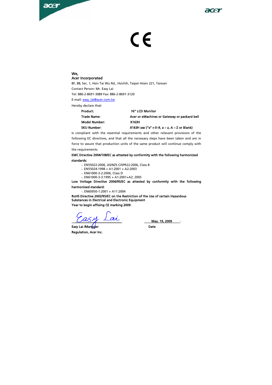 Declaration of conformity | Acer X163H User Manual | Page 22 / 22