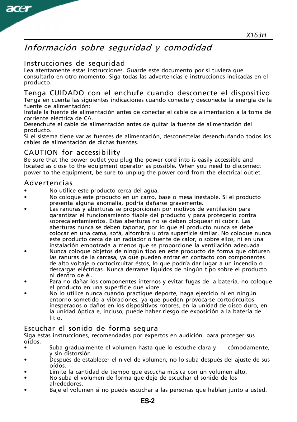 Información sobre seguridad y comodidad, X163h | Acer X163H User Manual | Page 3 / 22