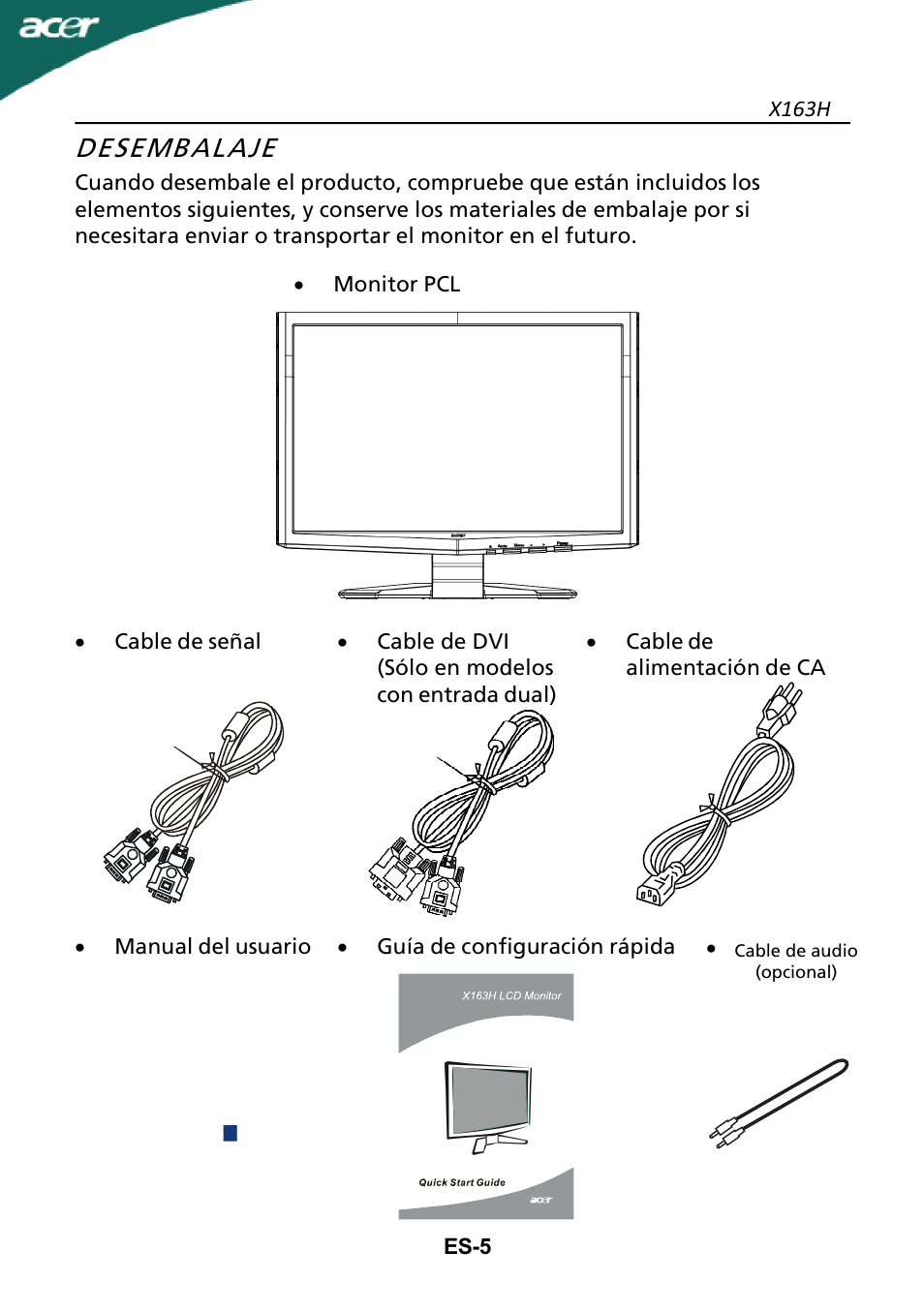Desembalaje | Acer X163H User Manual | Page 6 / 22