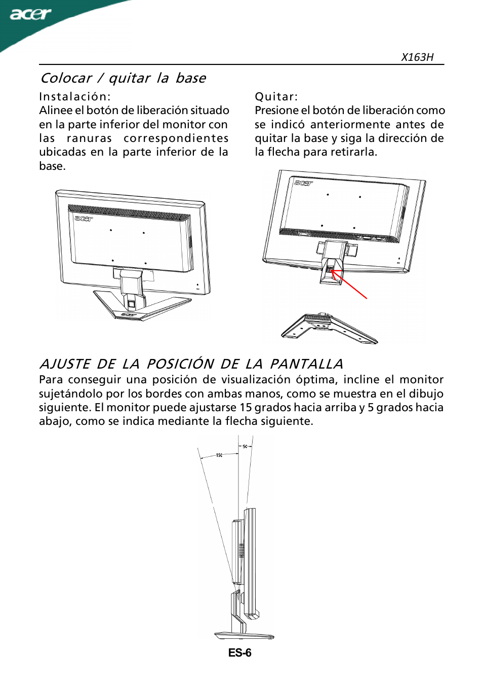 Ajuste de la posición de la pantalla, Colocar / quitar la base | Acer X163H User Manual | Page 7 / 22