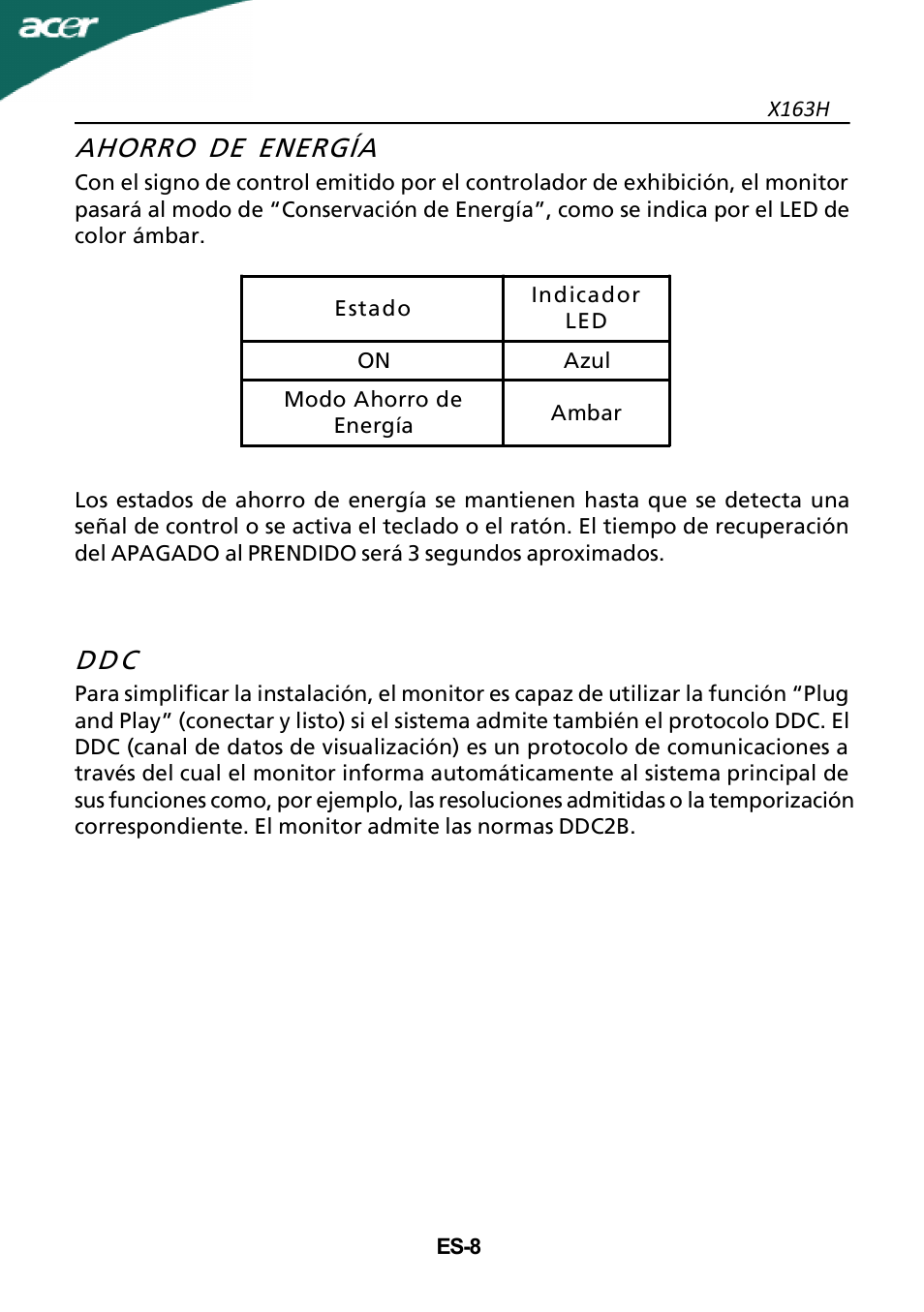 Ahorro de energía, Dd c | Acer X163H User Manual | Page 9 / 22