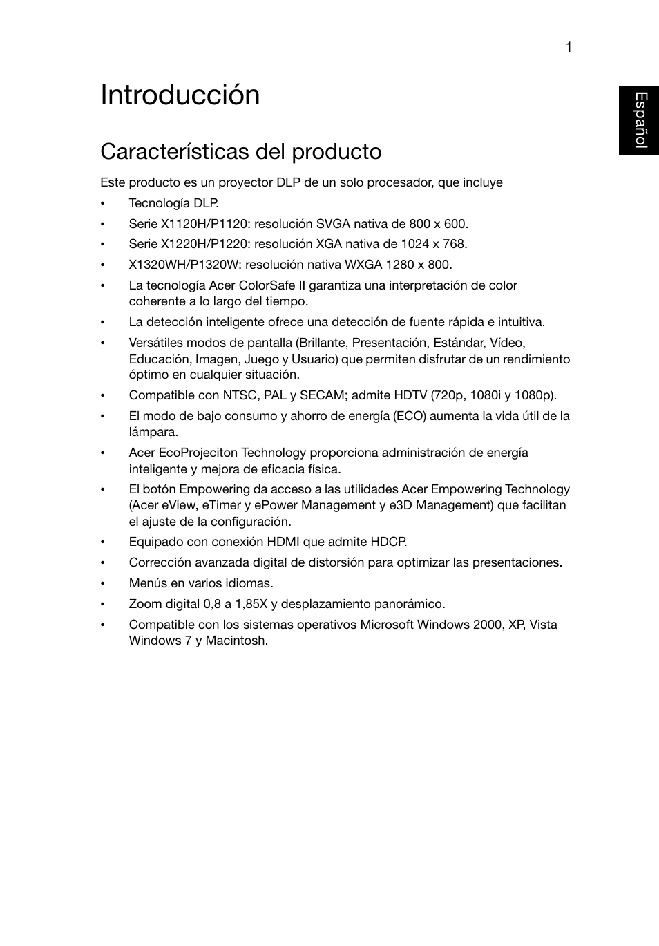 Introducción, Características del producto | Acer X1220 User Manual | Page 10 / 67