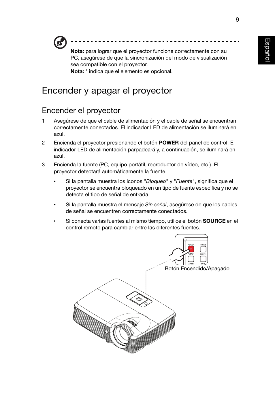 Encender y apagar el proyector, Encender el proyector | Acer X1220 User Manual | Page 18 / 67