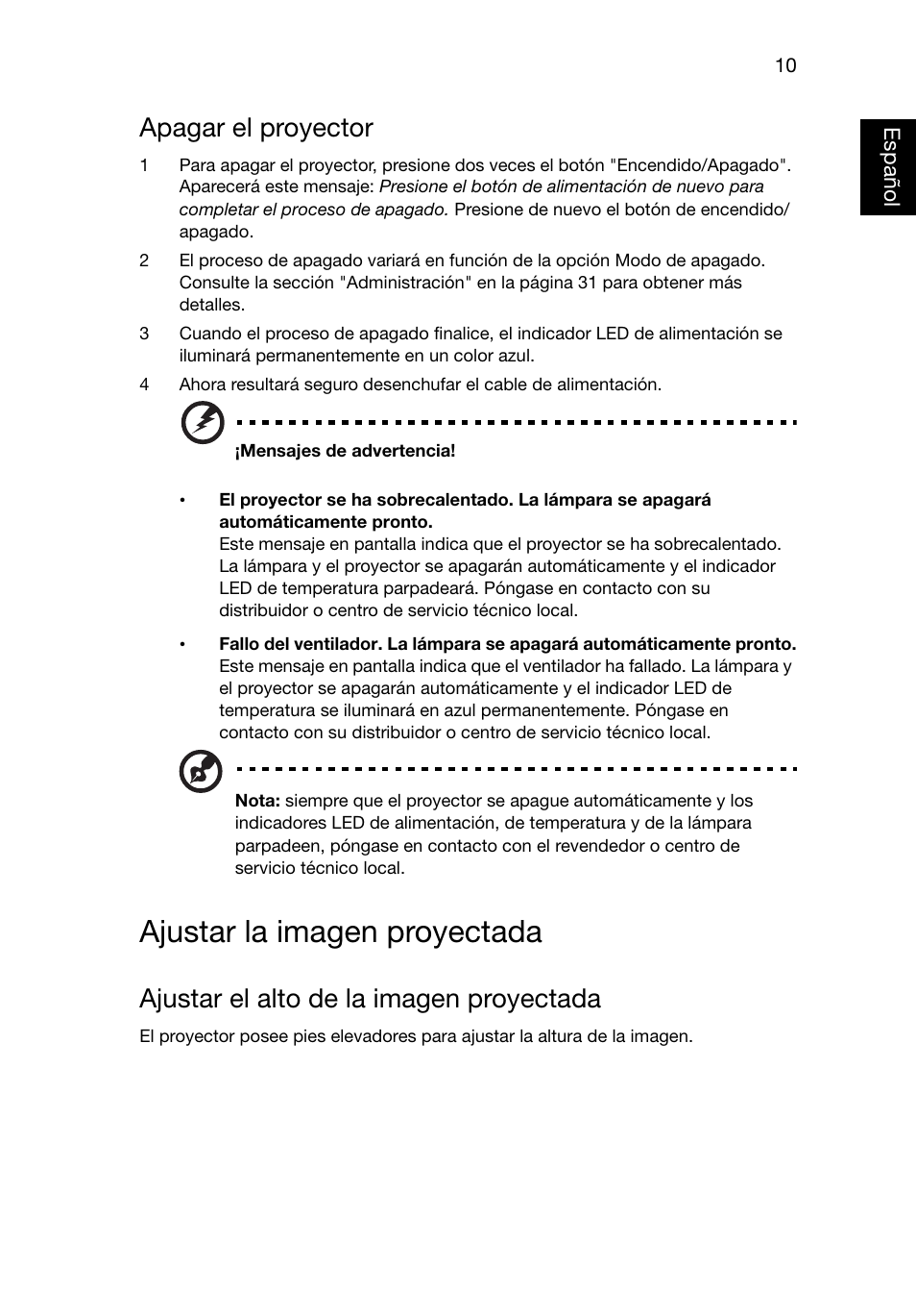 Ajustar la imagen proyectada, Apagar el proyector, Ajustar el alto de la imagen proyectada | Acer X1220 User Manual | Page 19 / 67