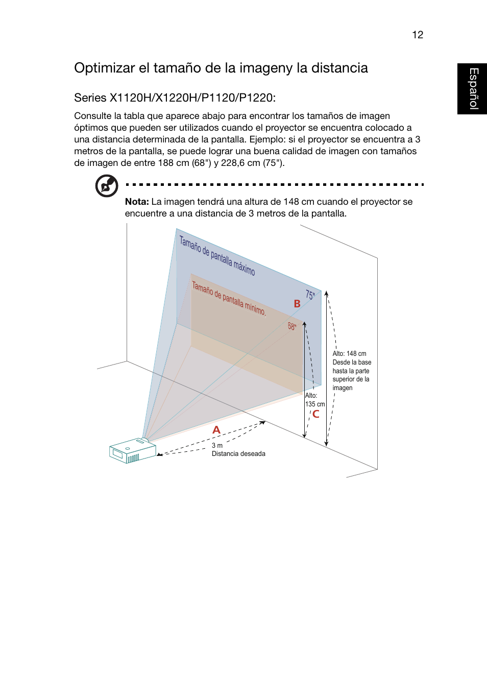 Optimizar el tamaño de la imageny la distancia | Acer X1220 User Manual | Page 21 / 67