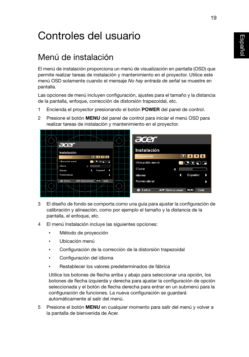 Controles del usuario, Menú de instalación | Acer X1220 User Manual | Page 28 / 67