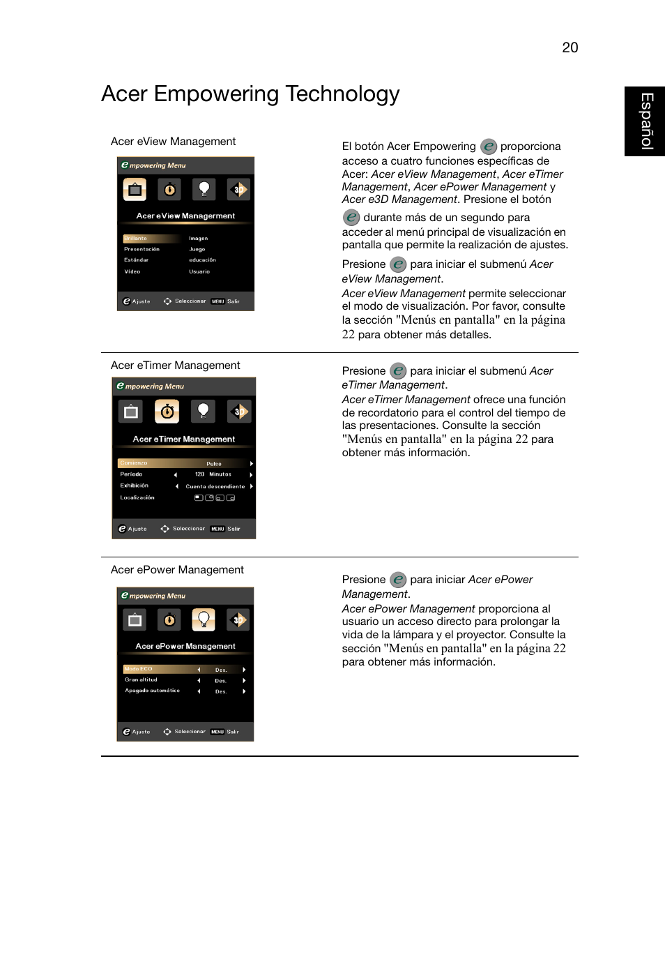 Acer empowering technology | Acer X1220 User Manual | Page 29 / 67