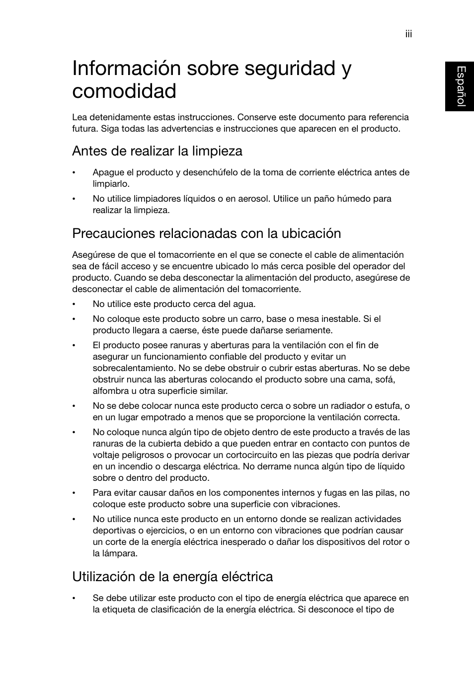 Información sobre seguridad y comodidad, Antes de realizar la limpieza, Precauciones relacionadas con la ubicación | Utilización de la energía eléctrica | Acer X1220 User Manual | Page 3 / 67