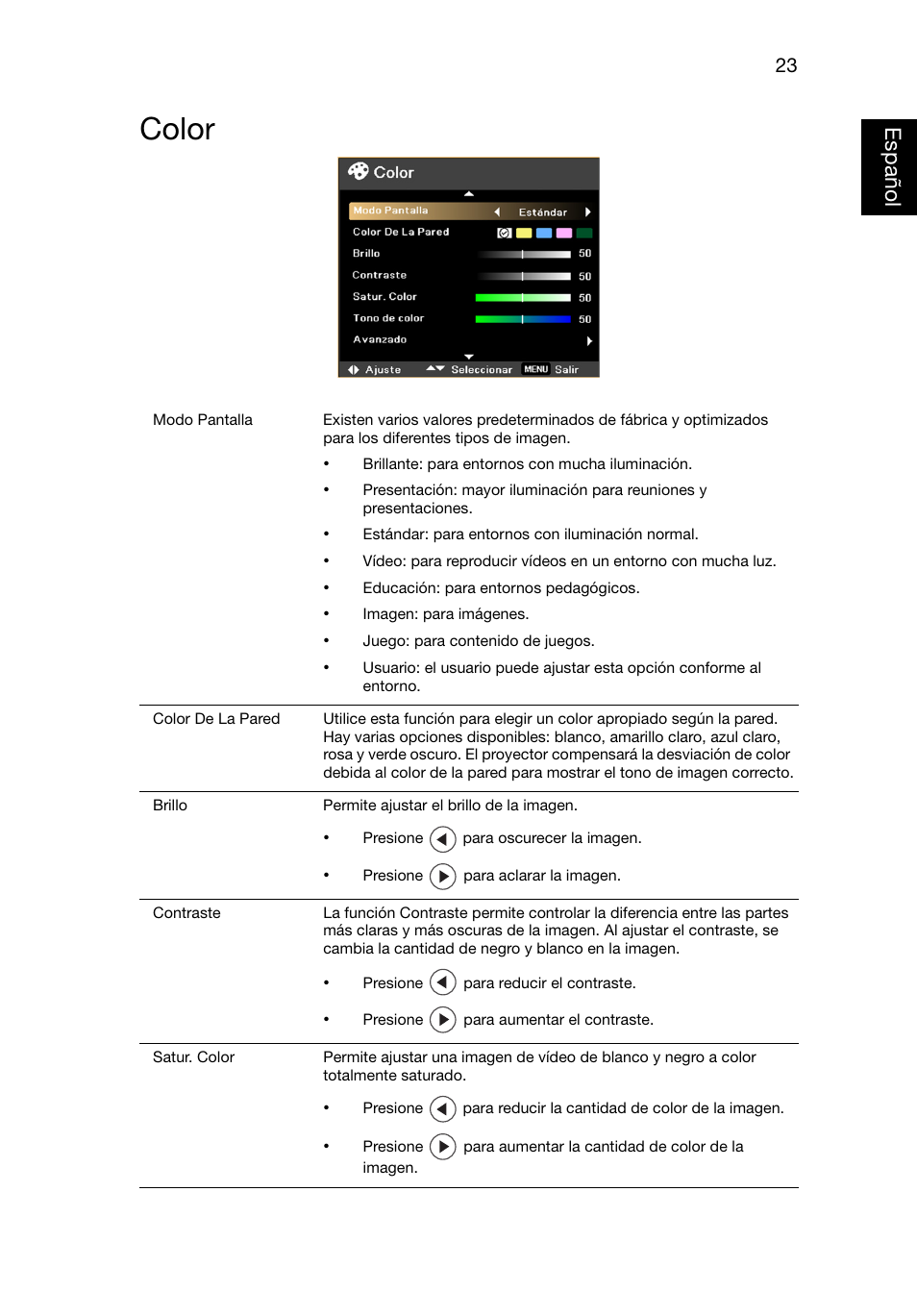 Color | Acer X1220 User Manual | Page 32 / 67