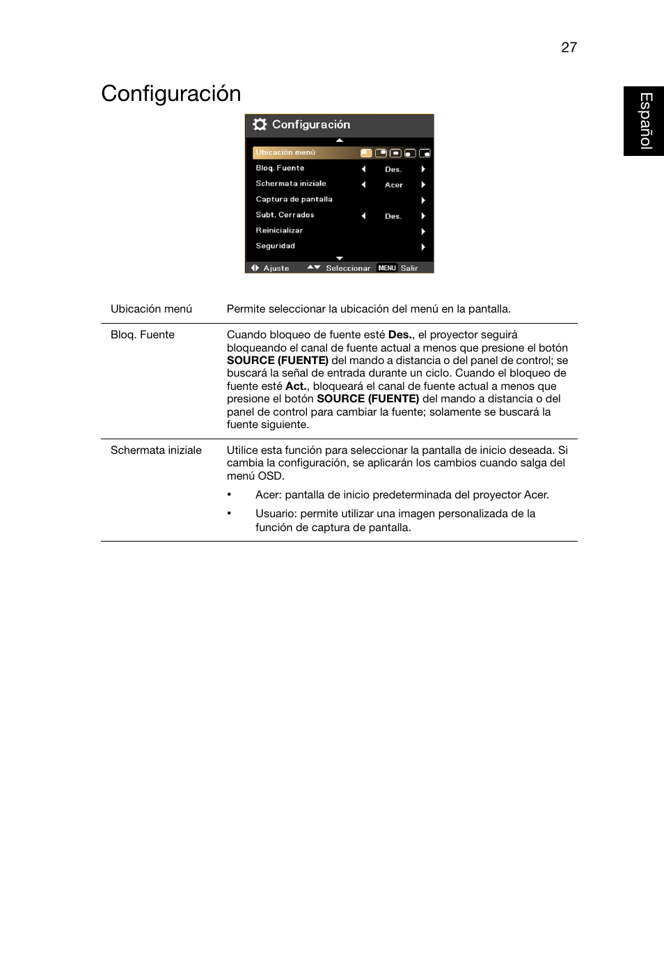 Configuración | Acer X1220 User Manual | Page 36 / 67