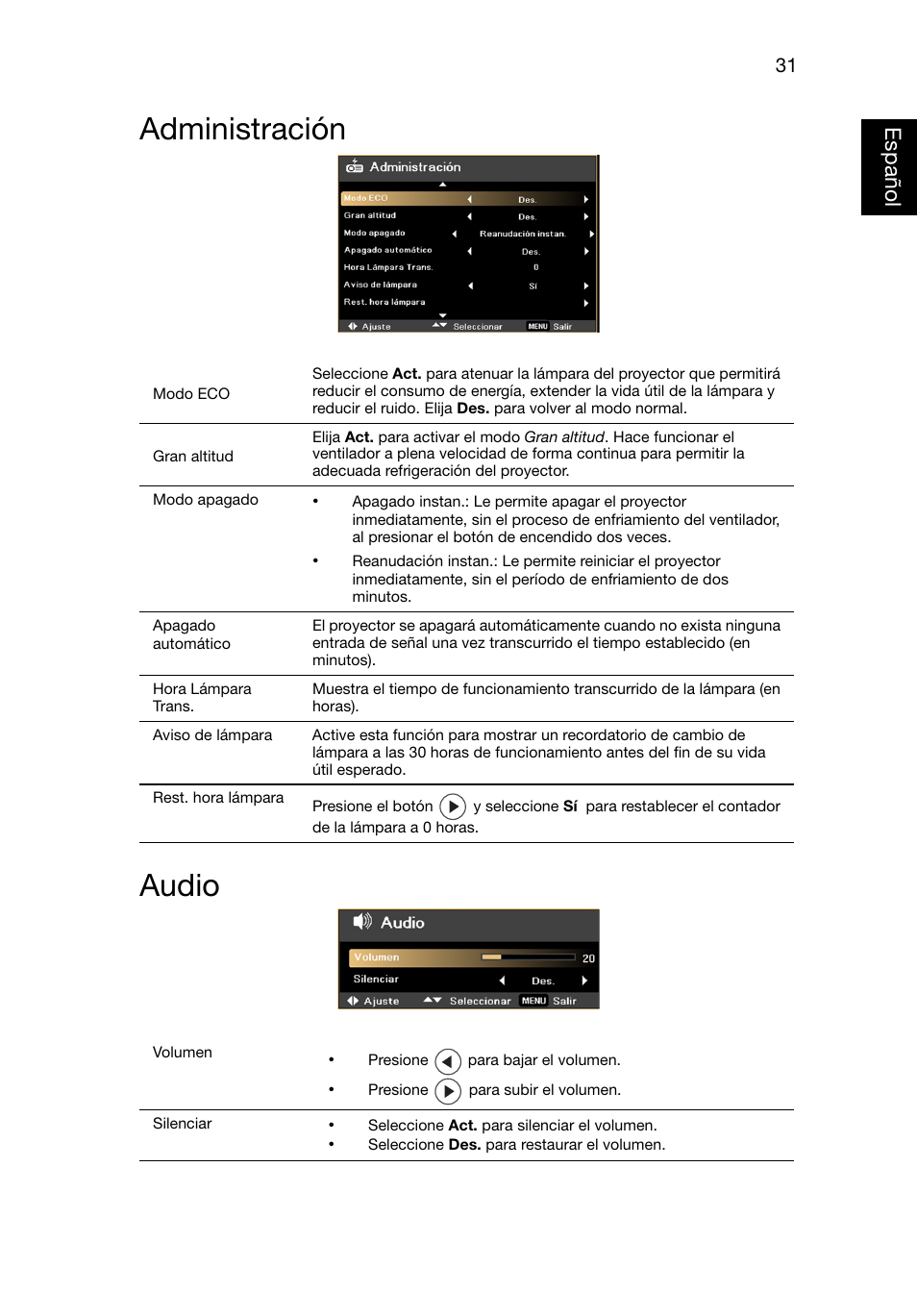 Administración, Audio, Administración audio | Acer X1220 User Manual | Page 40 / 67