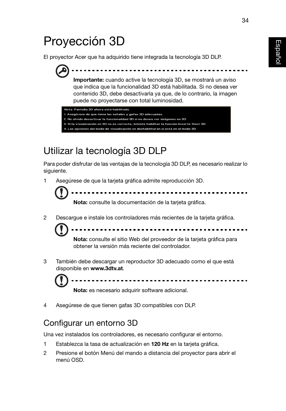 Proyección 3d, Utilizar la tecnología 3d dlp, Configurar un entorno 3d | Acer X1220 User Manual | Page 43 / 67