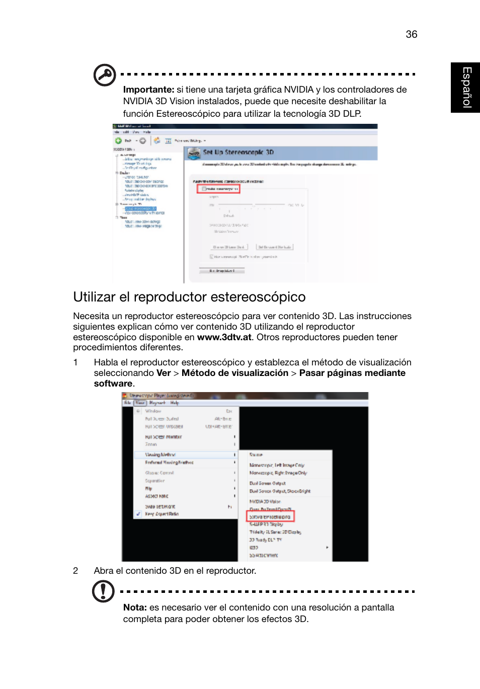 Utilizar el reproductor estereoscópico | Acer X1220 User Manual | Page 45 / 67