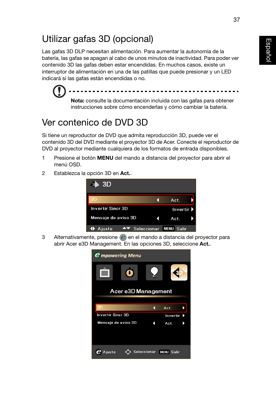 Utilizar gafas 3d (opcional), Ver contenico de dvd 3d | Acer X1220 User Manual | Page 46 / 67