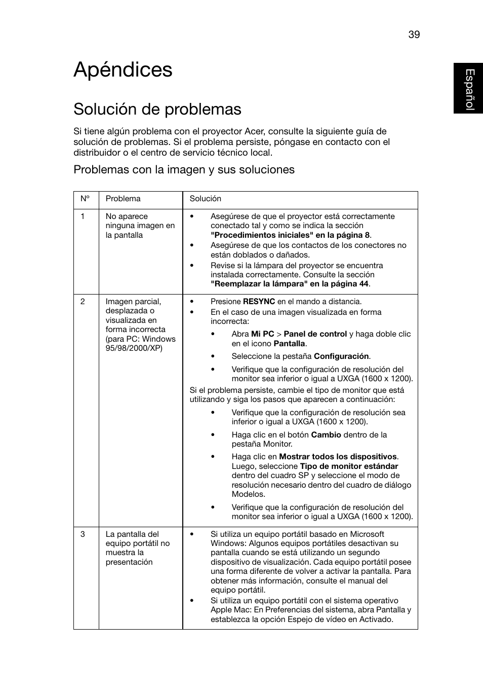 Apéndices, Solución de problemas, Españo lespañol | Problemas con la imagen y sus soluciones | Acer X1220 User Manual | Page 48 / 67