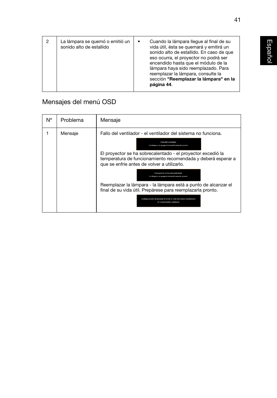 Españo lespañol mensajes del menú osd | Acer X1220 User Manual | Page 50 / 67