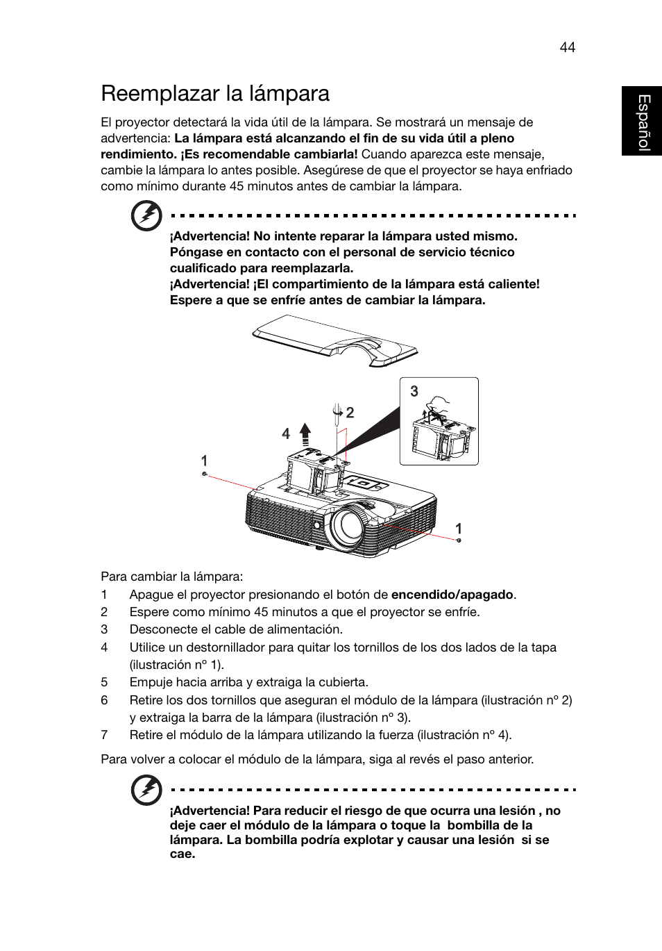 Reemplazar la lámpara | Acer X1220 User Manual | Page 53 / 67