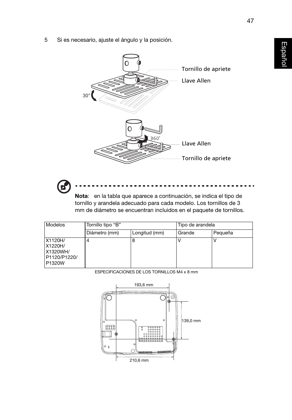 Españo lespañol | Acer X1220 User Manual | Page 56 / 67