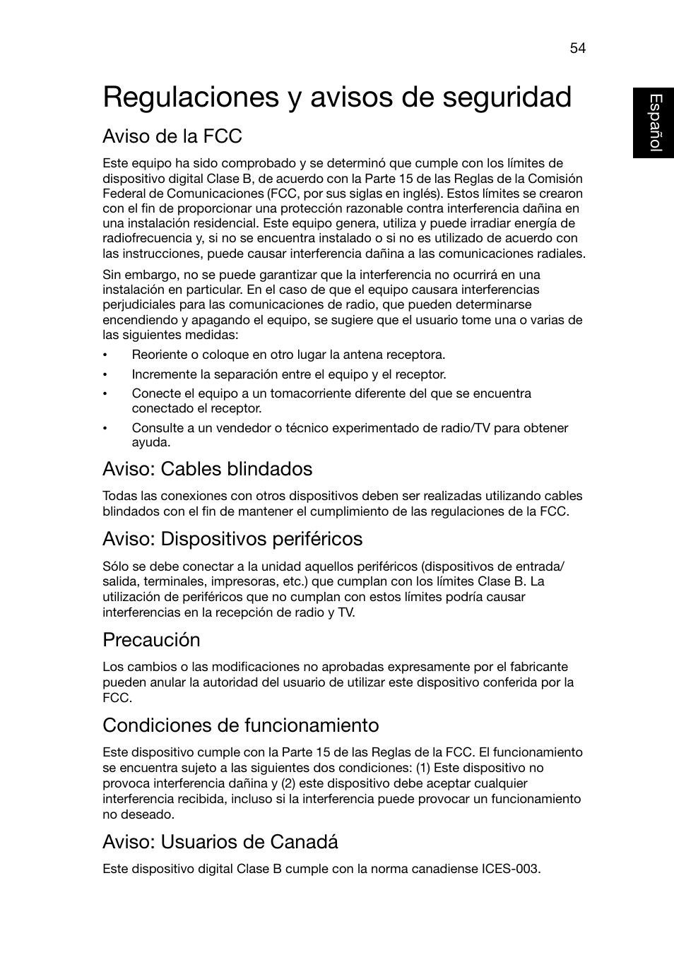 Regulaciones y avisos de seguridad, Aviso de la fcc, Aviso: cables blindados | Aviso: dispositivos periféricos, Precaución, Condiciones de funcionamiento, Aviso: usuarios de canadá | Acer X1220 User Manual | Page 63 / 67